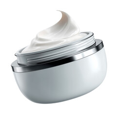 Open cream jar isolated on a transparent background. White cosmetic container with swirl of cream, angled view. Skincare product used for face, body, and beauty routine mockups.