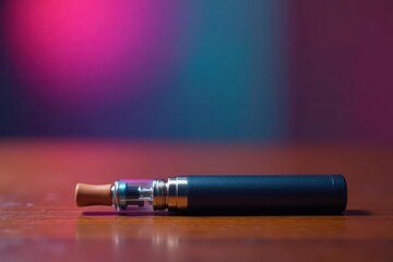 Disposable electronic cigarette on wooden table with colorful background, tobacco products, vape accessories