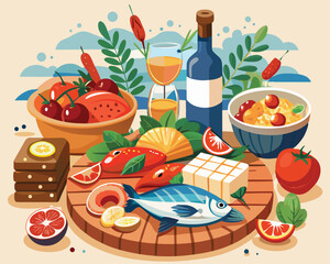 Authentic croatian cuisine spread featuring fresh sea food vector art design 