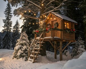 A wooden treehouse built among snow-covered pine branches, decorated with hanging garlands, ornaments, and warm fairy lights, glowing softly in the night.