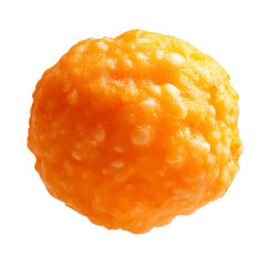 Cheese ball isolated on a transparent background. Round snack with crunchy texture and bright orange color. Processed cheese product commonly used as finger food or party appetizer.