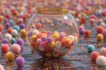 Colorful spheres in a glass jar surrounded by vibrant pom-poms in a reflective field