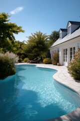 Serene backyard pool with modern house and lush garden on a sunny day