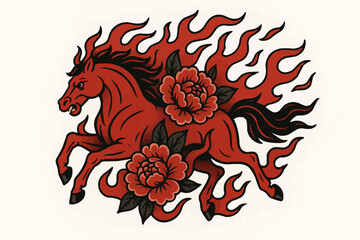 Neo-traditional tattoo flash vector of galloping Fire Horse entwined by flames and peony blossoms — bold line art for 2026 designs