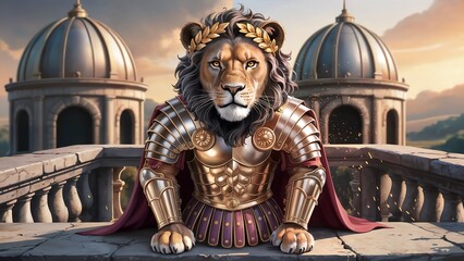 Fototapeta premium Majestic lion emperor in roman armor with laurel wreath overlooking ancient city