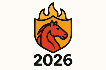 Modern badge logo of Red Fire Horse inside flaming shield with bold sans-serif 2026 text — flat vector brand mark