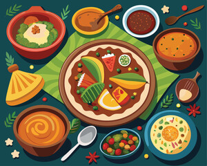 Ethiopian cuisine served on a traditional cloth various food item vector art design 