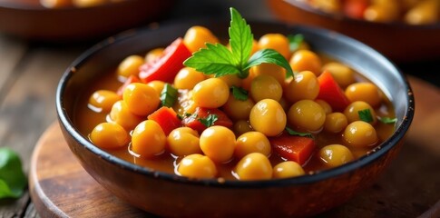 Colorful medley of chickpeas and broad beans in a rich, flavorful Moroccan vegetable stew , green broad bean, broth