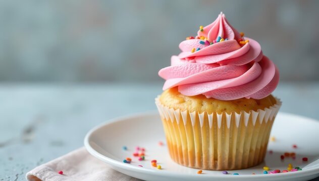Delicate cupcake with swirled pink frosting and colorful sprinkles on a white plate, baking, colorful sweets
