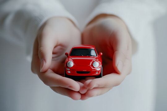 Red Toy Car in Hands: A small, shiny red toy car is gently held in two outstretched hands. Representing care, security, and the dream of owning a vehicle.