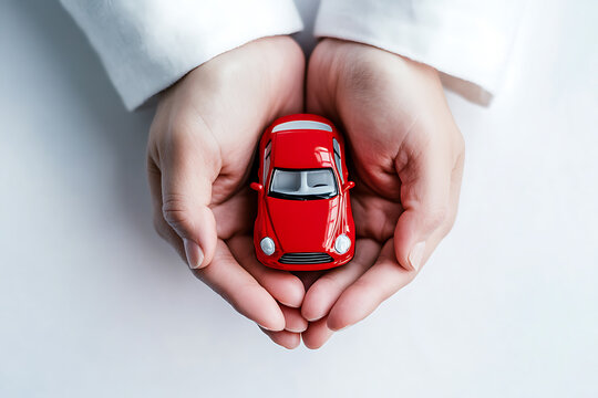 A pair of hands gently cradles a vibrant red toy car, symbolizing protection and care. The white background emphasizes the focus on safety and insurance.