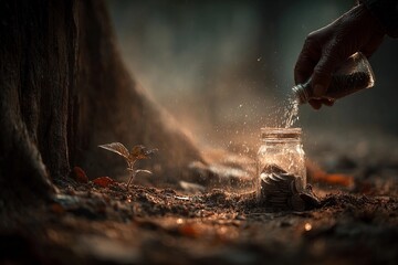 Hand pouring coins into jar near tree, creating a mystical atmosphere in nature