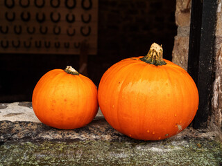 Two pumpkins are sitting on a stone wall. One is larger than the other. Scene is warm and inviting,...