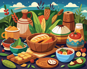 Native food spread featuring traditional food dishes vector art design 