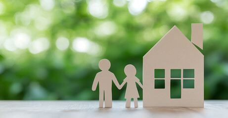 Paper cutouts of a family holding hands in front of a house against a leafy green background, symbolizing home, love, and security.