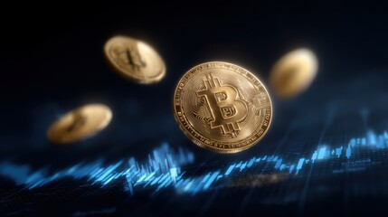 Floating golden bitcoin coins rotating in 3d animation