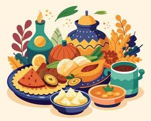 Regional dishes beautifully plated showing various dishes vector art design 
