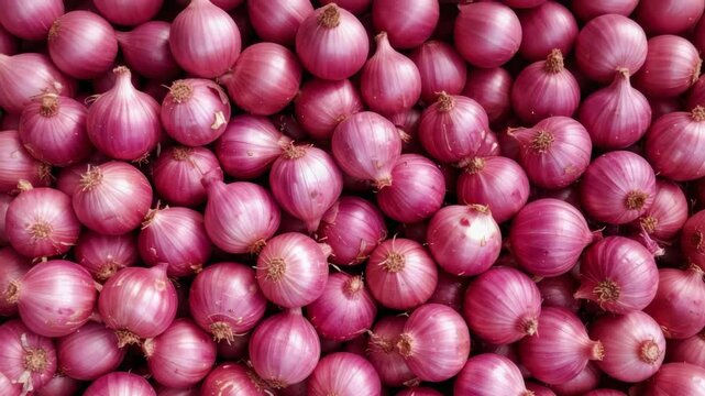 Smooth Cinematography Pan Shot of Red Onions in Traditional Market Display