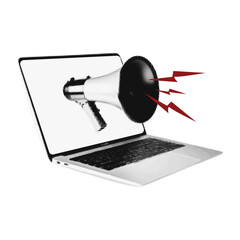 Halftone collage with megaphone emerging from laptop. Social media news and propaganda. Trendy retro vector illustration for mixed media design isolated on transparent background