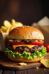 A juicy beef burger packed into a container with crispy fried potato chips, lettuce and tomato , chips,