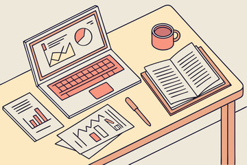 top view of desk with laptop and business reports &mdash; no people