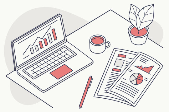 top view of desk with laptop and business reports — no people