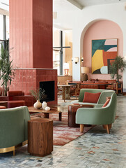 Mid-century retro modern hotel's lobby, creamy white walls, dusty rose terracotta fireplace