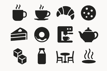 Café and breakfast icon set with solid black design.