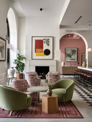 Mid-century retro modern hotel's lobby, creamy white walls, sage green velvet lounge chairs, geometric artwork on the wall