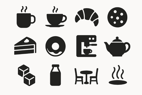 Café and breakfast icon set with solid black design.