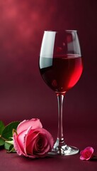 Elegant red wine glass, single pink rose beside it , crisp, lifestyle