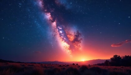 Fototapeta premium Fiery meteor streaks across night sky, igniting brushfire below , landscape, flames, darkness