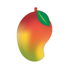  Vector illustration of a mesh gradient mango with vibrant red, yellow, and green tones, featuring a single green leaf on a clean white background. Modern tropical fruit design.
