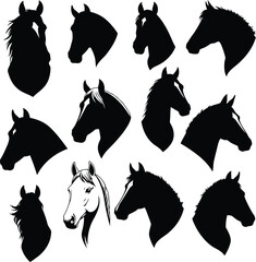 set of black horse head silhouettes with minimalist logotype vector icon white background