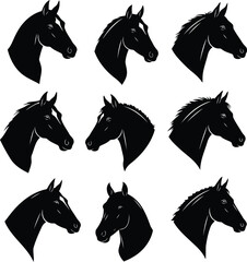 Flat Black Horse Head Silhouette Icons for Branding Use

