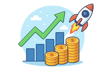 Financial growth concept with rocket launch and increasing bar chart. Business profit and sales boost metaphor. Investment success with a rising arrow and gold coins. Vector cartoon.