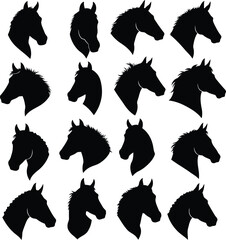 set of black horse head silhouettes with minimalist logotype vector icon
