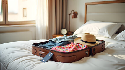 Sunlit Harmony: Open Suitcase on a Cozy Hotel Bed