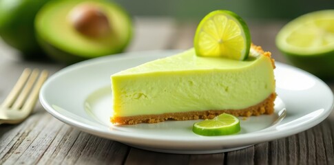 Creamy avocado lime cheesecake slice on white plate, stilllife, tropical