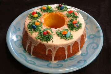 Easter Bundt Cake - Decorated with jelly beans and colored coconut