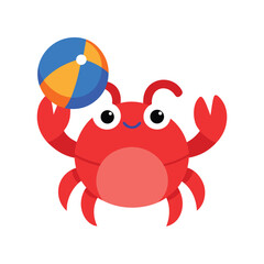 Playful crab holding colorful beach ball Vector illustration