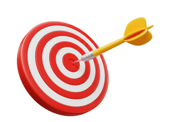 Dart hitting the center of a red and white target, illustrating precision and accuracy in achieving goals on transparent background