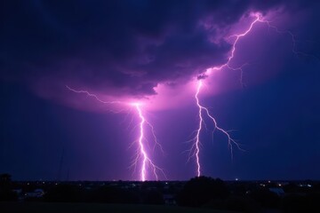 Electric storm with vibrant lightning bolts illuminating dark sky , clouds, intense