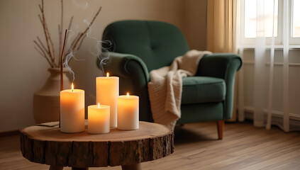 Candlelit Serenity: Green Armchair Delight