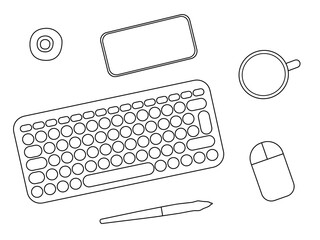 Office desk top line art vector illustration