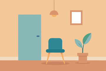 Simple Minimalist Room Interior Design Chair, Door, Plant, and Light