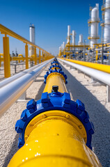 Yellow and blue industrial pipeline stretches into the distance under a clear blue sky, showing intricate connections and a sense of scale.