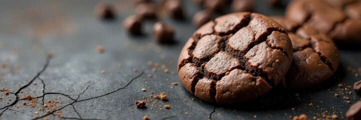 Fototapeta premium Decadent chocolate cookies with crackled surface, snack, baked, crackled