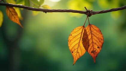 Obraz premium Dried leaves dangle from a rusty metal wire suspended between tree branches, outdoors, foliage, wire