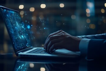 Person typing on laptop with glowing blue digital interface and bokeh lights background hands keyboard 1